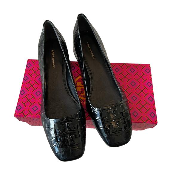 TORY BURCH Women Croc Leather Georgia Pump 25mm Black Size 7.5 New In Box - Picture 10 of 16